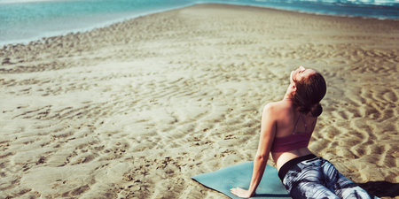 Beautiful Woman Yoga Beach Morning Concept