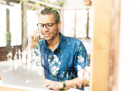 Man Working Coffee Shop Connecting Laptop Concept