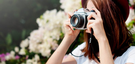 Girl Camera Photographer Focus Shooting Nature Concept