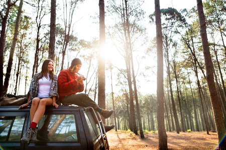 Roadtrip Camping Friendship Camera Couple Concept