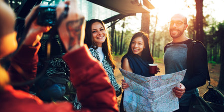 Camping Friendship Backpacker Map Deirection Concept