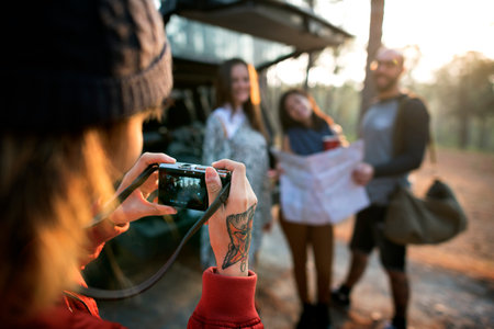 Friends Camping Photo Outdoors Forest Concept