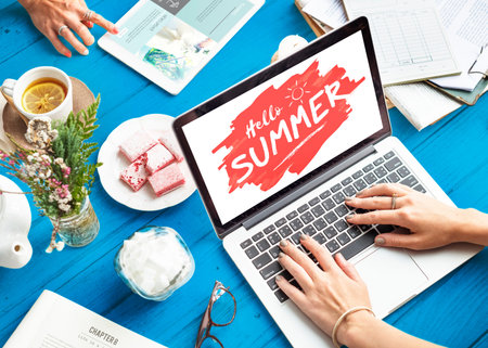 Using Laptop Summer Tea Relax Glasses Concept
