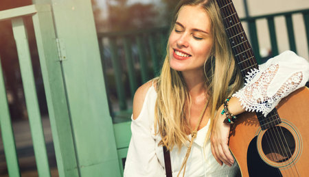Guitar Girl Relaxation Casual Instrument Leisure Concept