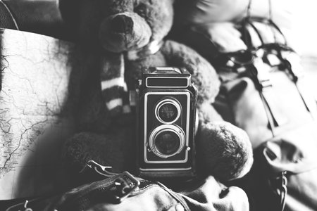 Teddy Camera Bear Map Traveling Memories Concept