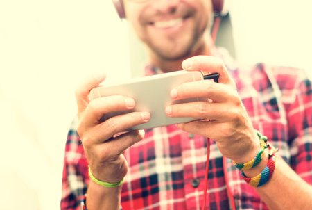 Young Man Headphone Listening Music Concept
