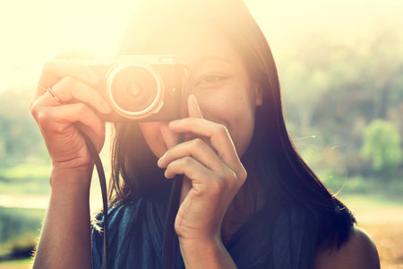 Photographer Camera Woman Shooting Woods Nature Concept