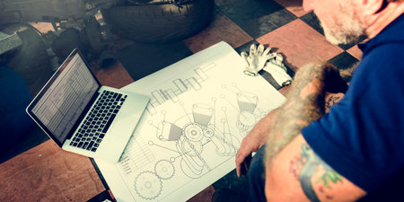 Construction Master Plan Draft Blueprint Male Laptop Concept
