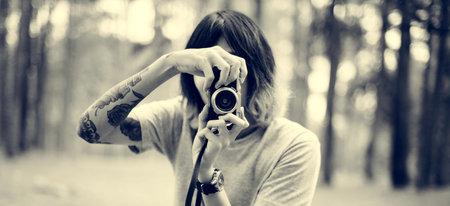 Photographer Camera Man Shooting Woods Nature Concept