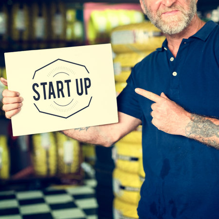 Car Parts Shop Owner Holding Placard Warehouse Startup Concept
