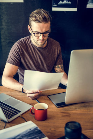 Man Busy Photographer Editing Home Office Concept