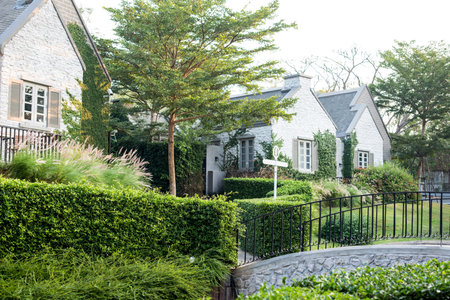 Upscale suburban house with garden and bridge