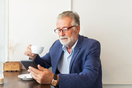 Senior Man Coffee Shop Communication Connection Technology Concept