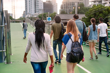 People Friendship Togetherness Rear View Walking Skateboard Youth Culture Concept