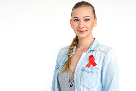 Woman Smiling Happiness Red Ribbon Purity Portrait Concept