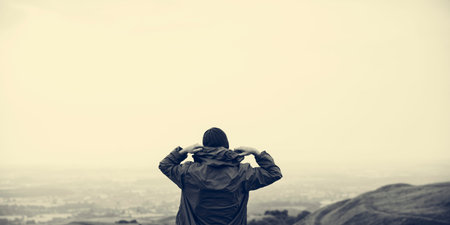 Man Rear View Top Mountain Carefree Cloudscape Concept