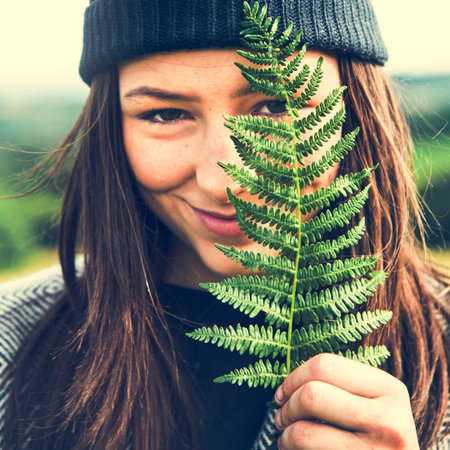 Woman Leaves Nature Environment Happiness Relaxation Concept