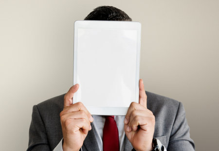 Businessman Digital Tablet Face Covered Copy Space Technology Concept