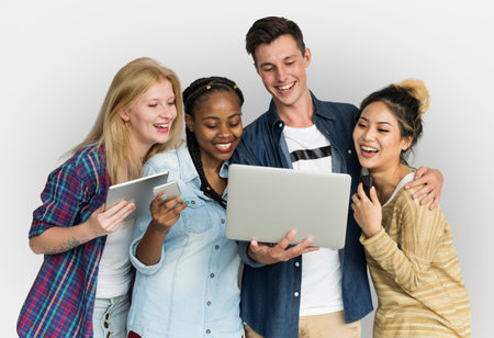 Friends Using Tablet Technology Phone