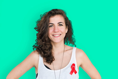 Caucasian Lady Cheerful Red Ribbon Concept