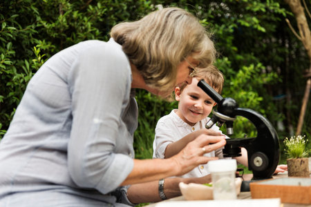 Grandmother Grandson Family Science Microscope