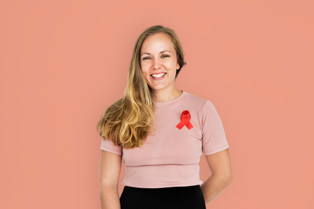 Woman Smiling Happiness Red Ribbon Charity Donation