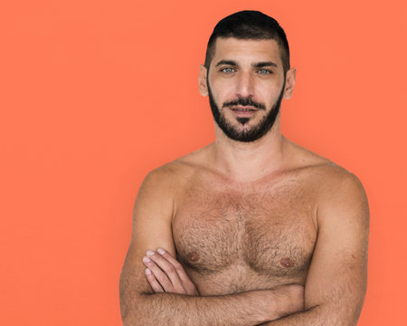 Caucasian Topless Man Smiling Pose
