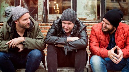 Adult Men Talk Sit Together Friends