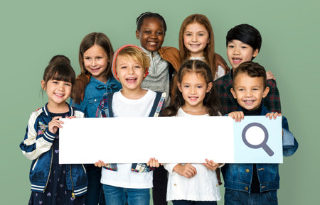 Group of children with searching sign