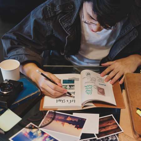 Young photographer writing diary and photobook