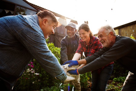 Group of people hand assemble planting vegetable in greenhouse