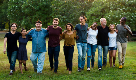 Happiness group of people huddle and smiling together