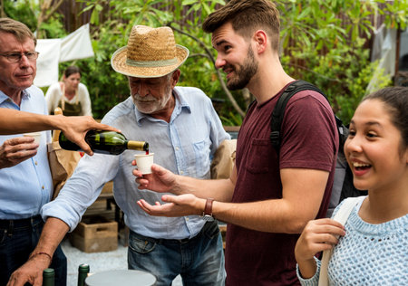 Group of men drinking local red wine together