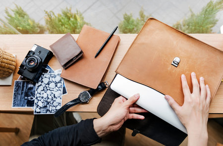 Leather briefcase for photographer and camera