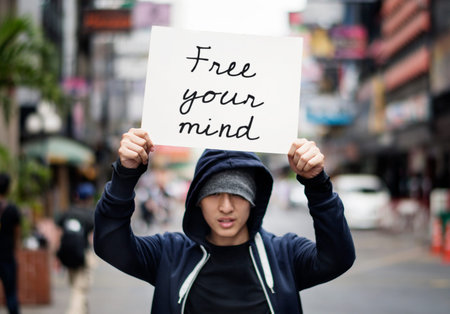 Asian guy holding placard free your mind motivation