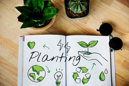 Laid out book with environmental sketch on wooden table