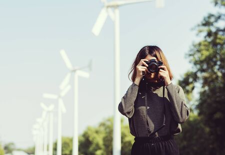 Photo for Girl with Glasses Taking Photos Camera - Royalty Free Image