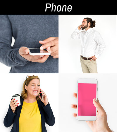 Set of Diverse People Using Smart Phone Studio Collage