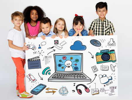 Children with modern technology icons