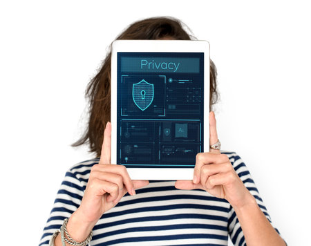 Woman holding network graphic overlay digital device