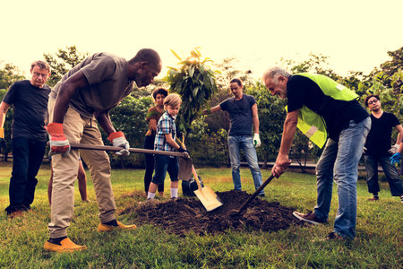 Group of Diverse People Digging Hole Planting Tree Together