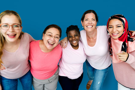 Group of girlfriends with breast cancer awareness charity