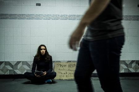 Homeless Beggar Woman Asking for Money Donation with Please Help Sign