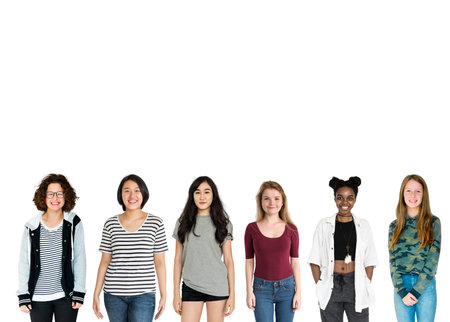 Diversity Young Women Set Gesture Standing Together Studio Isolated