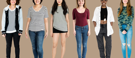 Diversity Women Set Gesture Standing Together Studio Isolated