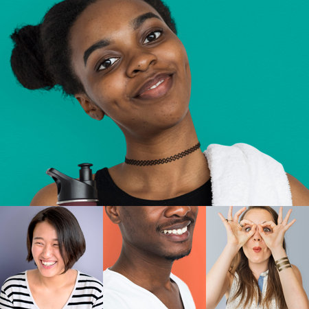 Set of Diversity Young Adult People Happy Face Expression Emotion Studio Collage