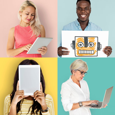 Set of Diverse People with Technology Invention Studio Collage