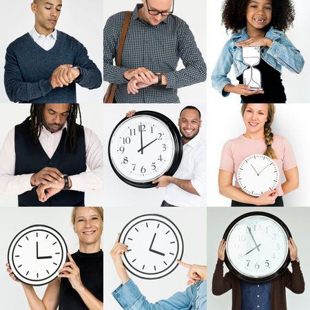 Set of Diverse People With Time Management Studio Collage