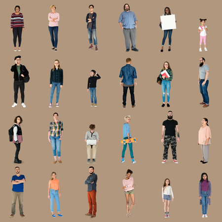 Various of diversity people full body set standing with smiling on background