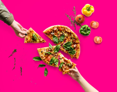 Hands taking slices of italian cuisine pizza